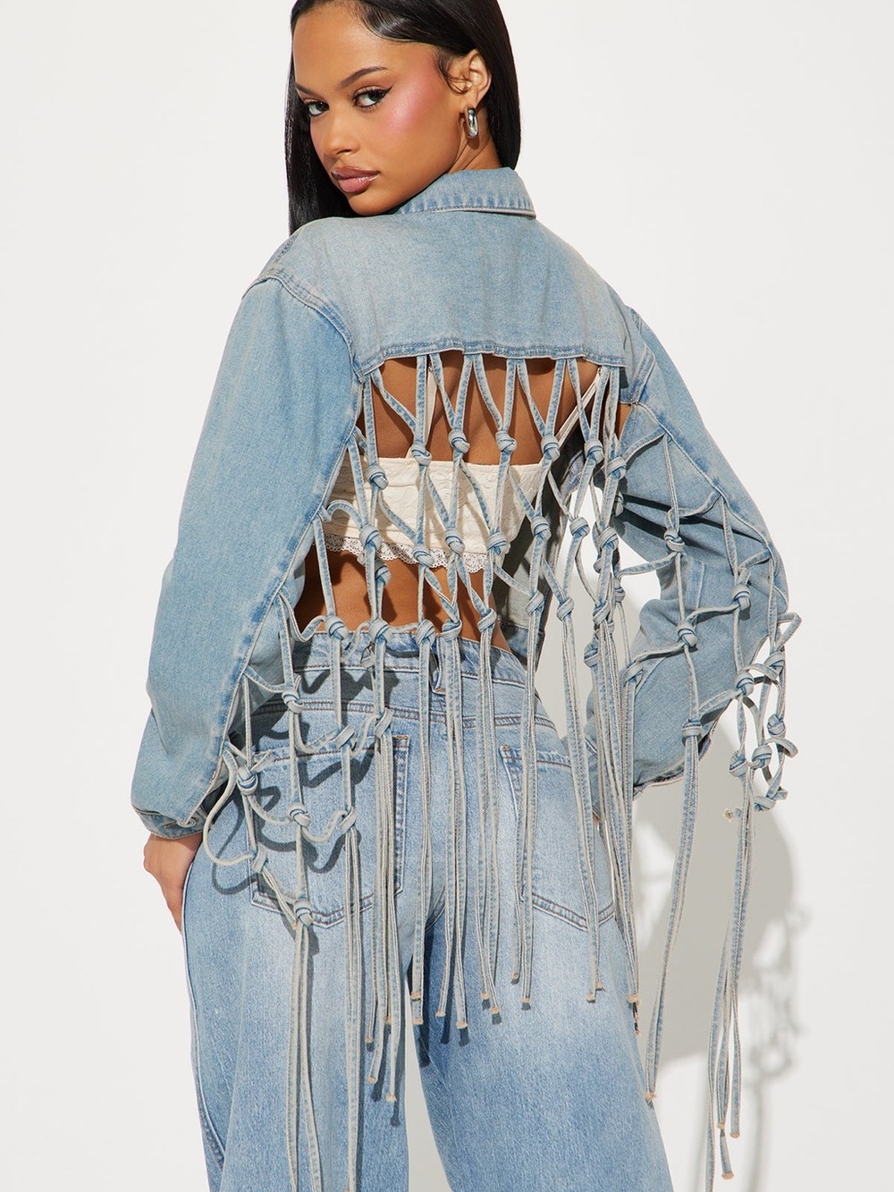 Fashion Nova Light Blue Distressed Lace-Up Back Denim Jacket